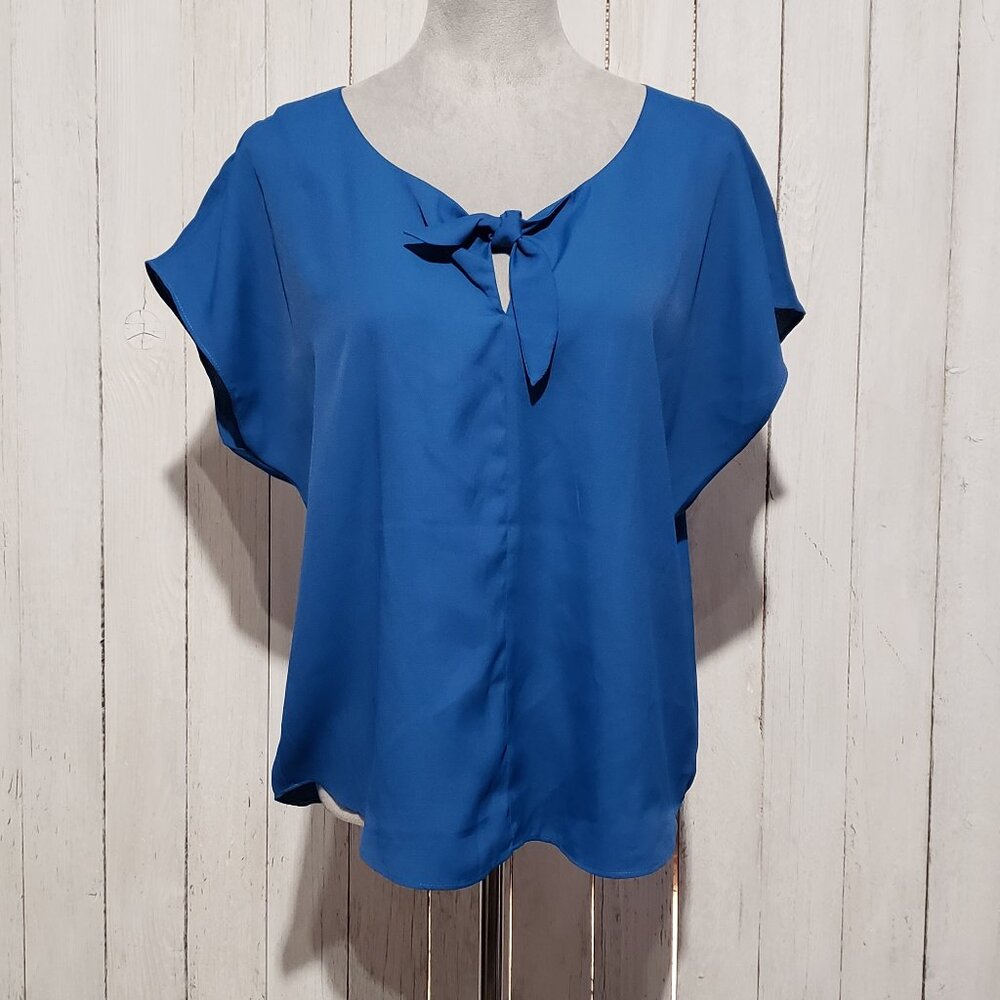 Joan‎ Vass Top L Blue SS Dolman Womens Career Casual Coastal Boho Chic Royal